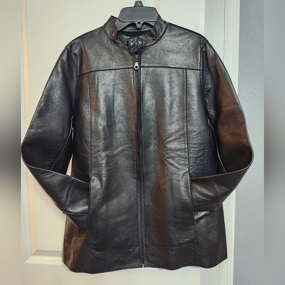Cynthia Steffe Black Leather Jacket with Fleece Lining Woman's Size Small - Picture 2 of 7